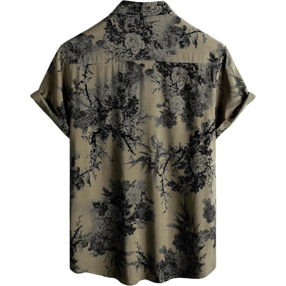 Mens Khaki Hawaiian Shirt Short Sleeve Button Down Tropical Floral Casual Beach - Picture 2 of 6